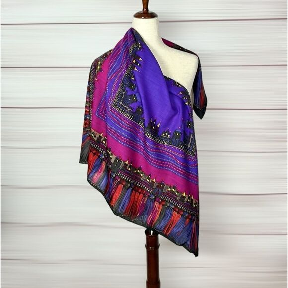 Albert Nipon Wool Square Scarf Purple Multicolor Persian Motifs Excellent 38x38 - Picture 2 of 16